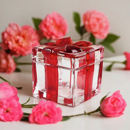 Gkesgm Set of 2 Christmas Candy Jar Red Glass Sugar Jar with Bowknot Lid,Square Crystal Peppermint Sweets Dish, Serving Tray, Serving Platter,Christmas Holiday Decor
