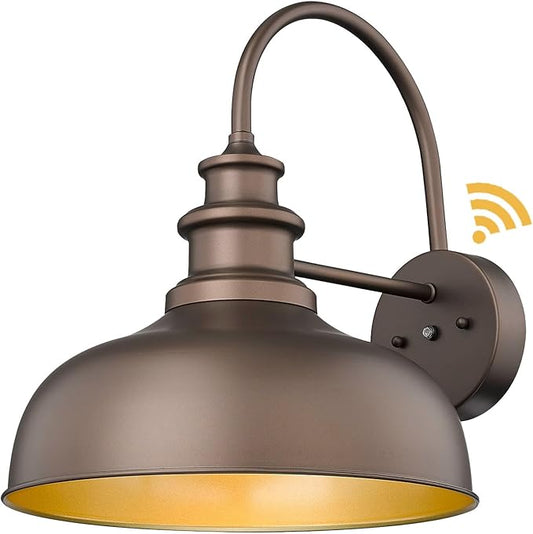 Bestshared 14 Inch Dusk to Dawn Gooseneck Barn Lights Farmhouse Outdoor Wall Sconce Industrial Exterior Wall Lighting Fixture Vintage Porch Lantern Lamp for Patio,Garage,Front Door(ORB+Gold,14"-1Pack)