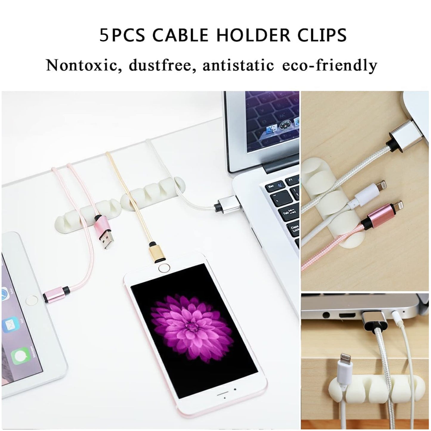 CHZHLI White Cable Management Organizer Kit, 2 Wire Sleeve Protector, 41 Self Adhesive Cable Clips Holder, 10pcs+2 Roll Reusable Cable Ties and 100 Cable Zip Ties for TV Computer Cord Tidy Under Desk