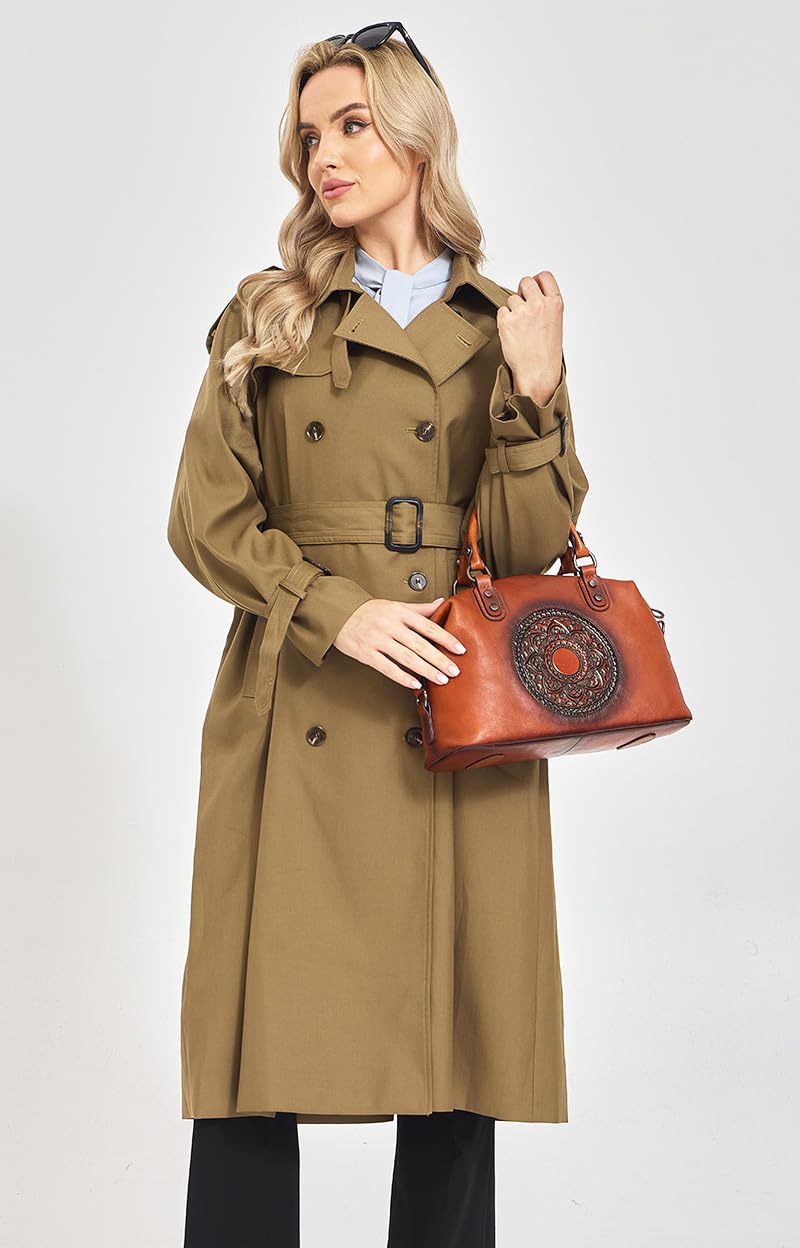 Genuine Leather Women's Handbags Travel Small Purses Top Handle Barrel Satchel Shoulder Hand Bags leather crossbody bags for Women Retro Totem Tote Bag Brown