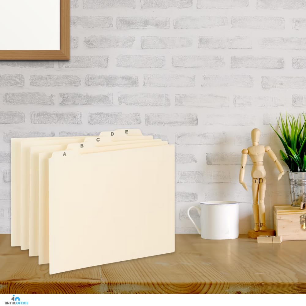 1InTheOffice Alphabetical File Organizer, File Cabinet Dividers, A-Z Tab Divider, Letter Size, 1/5 Cut, Manila, 25 Pack