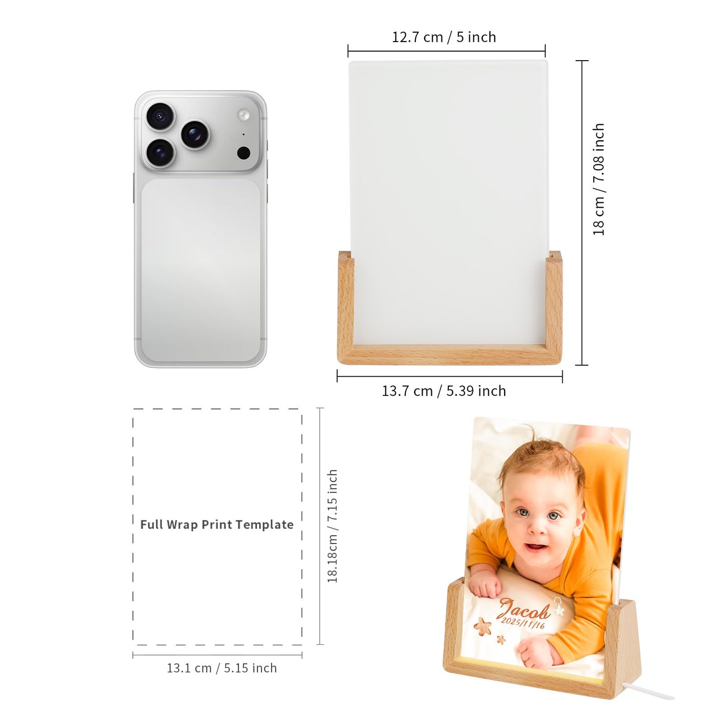 PYD Life 2 Pack Sublimation Night Lights Blanks LED Glass Photo Frames Panels White 5" x 7" with Warm Light,with Wood Stand for Custom Photos Designs, DIY Gifts for Couples, Family