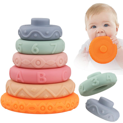Miawow 6 Pcs Stacking Rings Soft Toys for Babies Newborn 0-18 Months 1 Year Old Girls Boys - Toddler Sensory Educational Montessori Baby Blocks - Infant Development Teething Learning Easter Basket