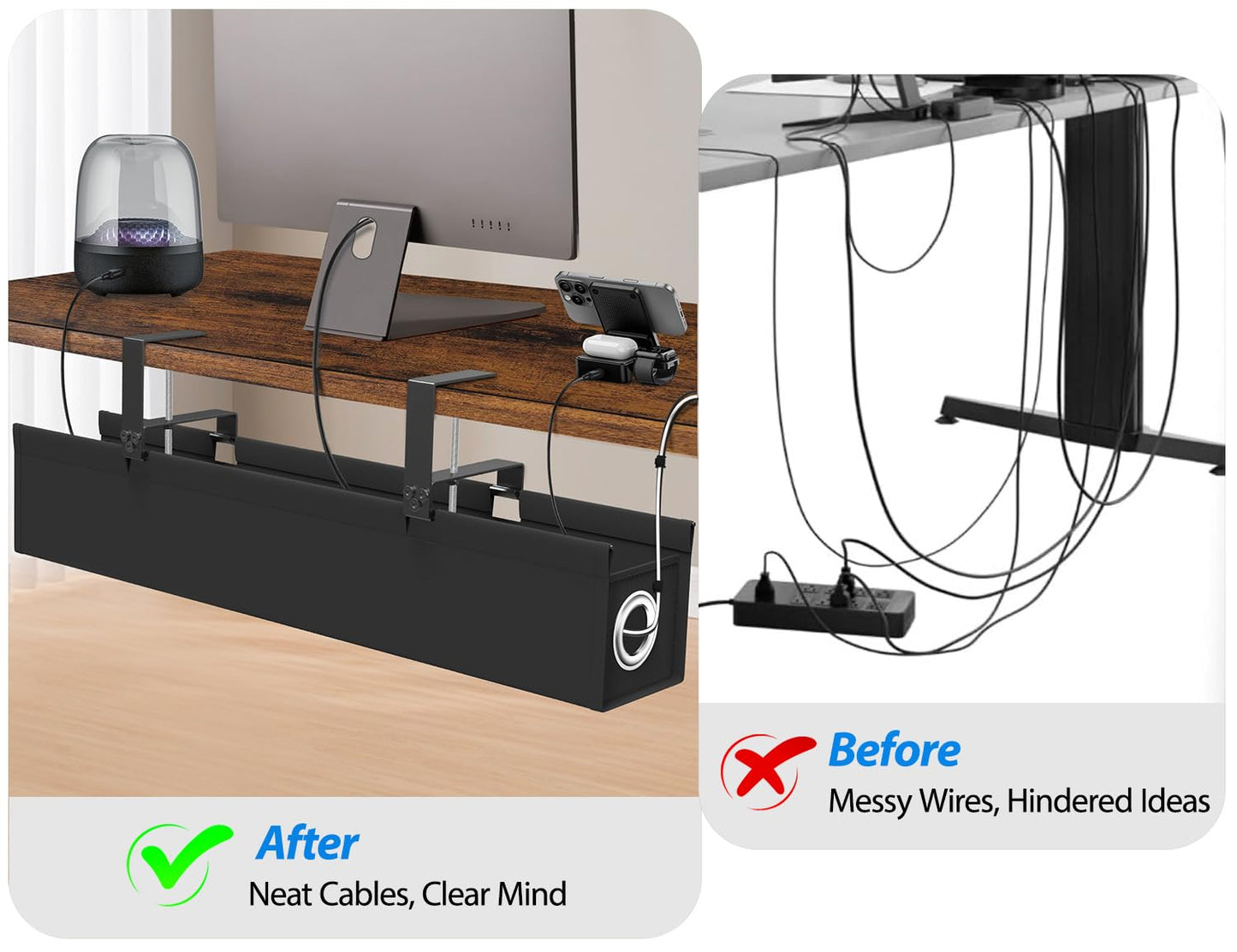 Large Under Desk Cable Management Tray No Drill, Suolaao 30" Cord Organizer with Oxford Fabric, Clamp Mount, Holds 30 lbs, Large Cable Rack for Gaming & Home Office Standing Desk