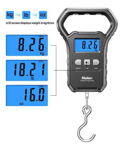 Meilen Fishing Scale,110lb/50kg Hanging Luggage Weigh Scale Unit with Backlit LCD Display, Suitcase Luggage Weigh Divice with Large Handle, Digital Postal Unit Fishing Gifts for Men