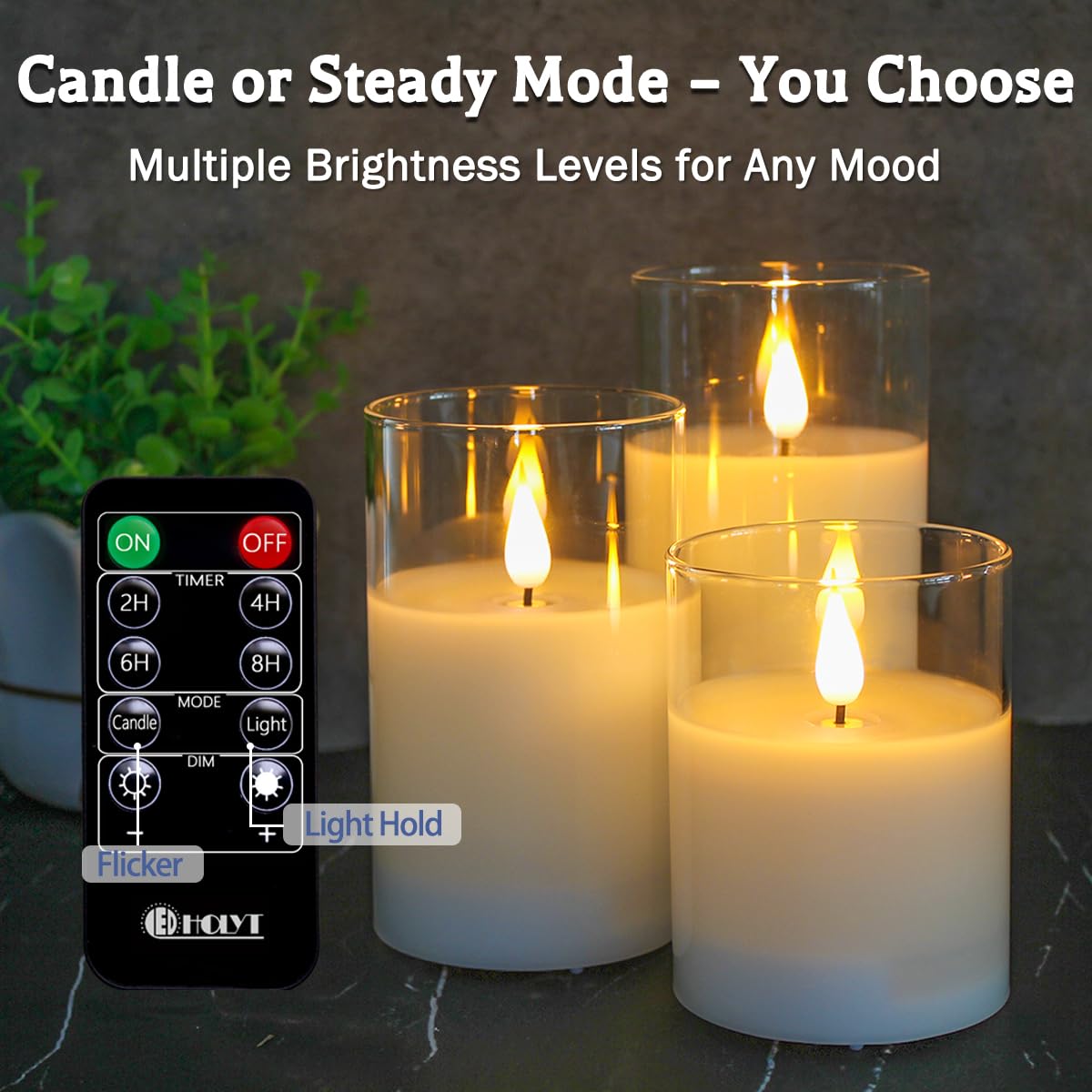 LEDHOLYT Rechargeable Flameless Glass Pillar Candles–Gifts for Women,–Set of 3, Realistic Flickering LED Flame,Remote & Timer, Ideal for Living Room, Bedroom & Halloween Festival Home Party Decor