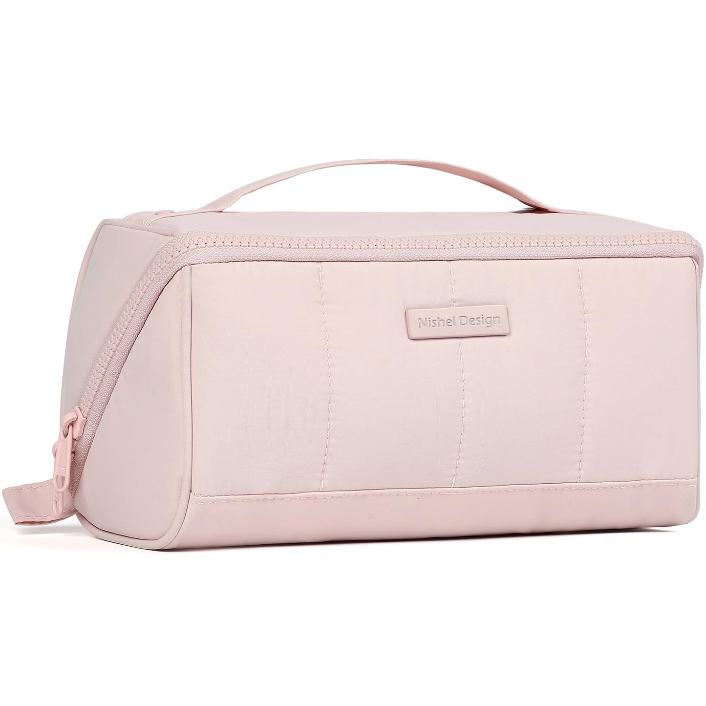 NISHEL Travel Makeup Bag for Women, Fluffy & Lightweight Open Flat Cosmetic Organizer with Multiple Functional Divider for Brush Independent Storage, Handle for Easy Portability, Pink