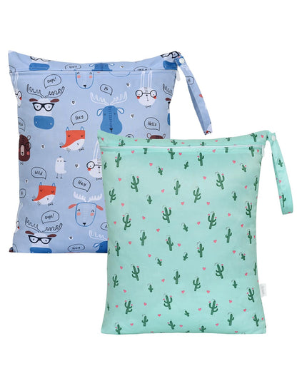 OTraki 2Pcs Waterproof Wet Dry Bags 16x20 inch Wet Bag for Baby, Swimsuit, Cloth Diaper, Daycare With Zippered & Handle Wet Clothes Storage Bag Drying Do Not Exceed 176℉ (Animal & Cactus Pattern)