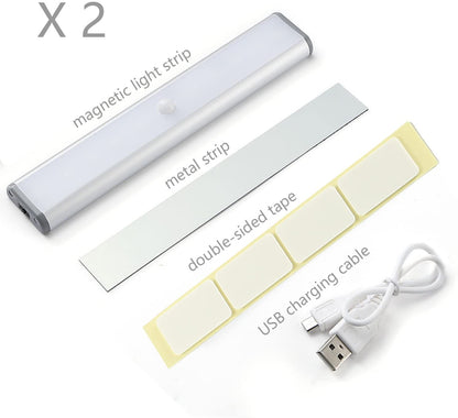 Moston 10 LED Magnetic Motion Sensor Wardrobe Closet Lights,Auto On/Off Under Cupboard Cabinet Lighting,Rechargeable Battery Powered Sensing Night Light,Stick-on Anywhere (Silver Aluminium,2 Pack)
