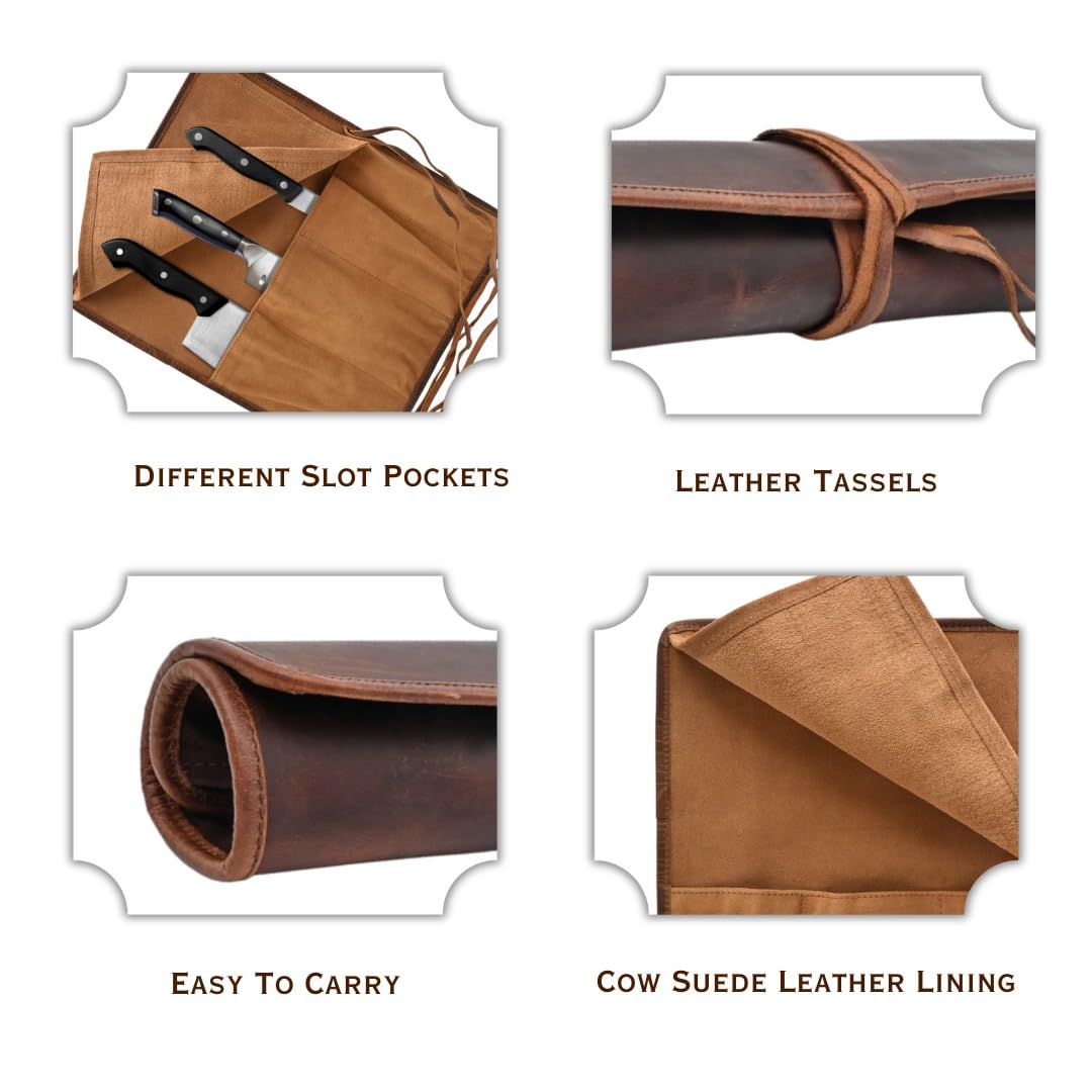 Autentico Leather Knife Roll Bag Professional Chef Knife Case, Durable Knife Sheath Holder, Cooks & Culinary Tools Carrying Storage, Portable Knife Wrap - 4 Slots