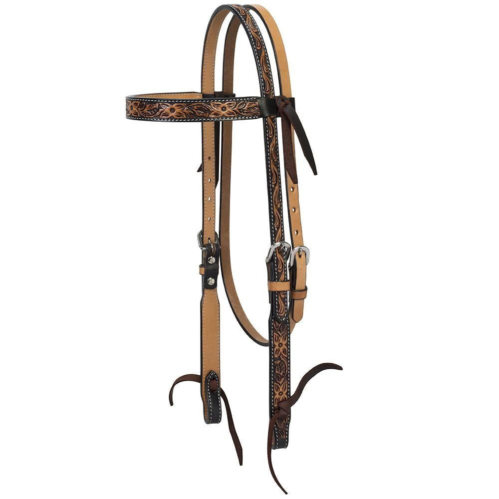 Turquoise Cross Floral Tooled Browband Headstall Light Oiled Horse Size 45-0100