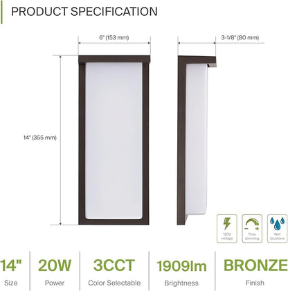 ASD LED 14" Outdoor Wall Light, Front Door House Sconce | 3CCT, Dimmable, Waterproof, ETL Listed | 20W 1900LM 3000-5000K 120V | Exterior Patio Lighting Fixture, Porch Lamp | Dark Bronze, 4 Pack