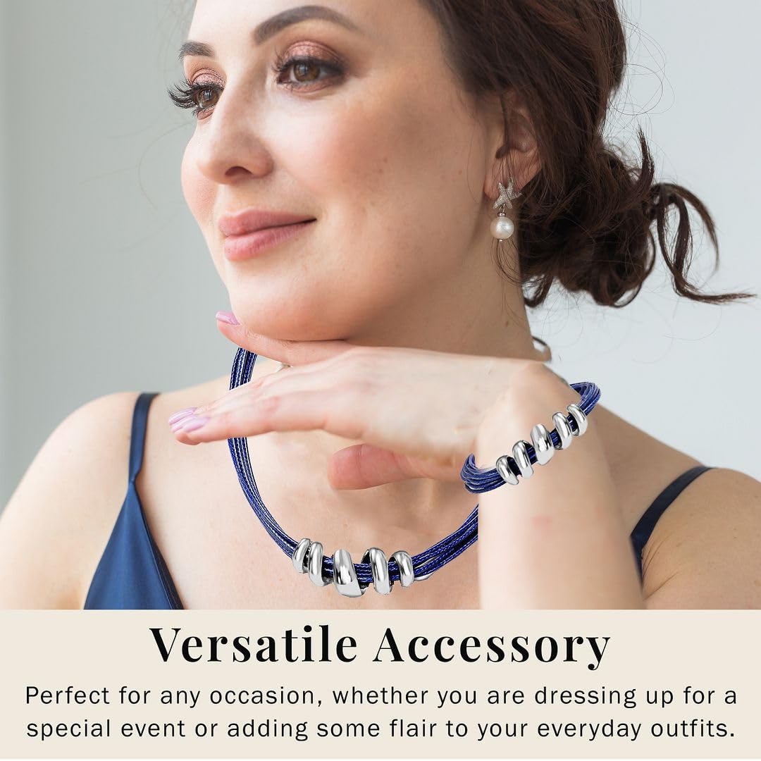 SHOP LC DELIVERING JOY Choker Necklace for Women 16" & Cuff Bracelet 7"- Cord Leather Necklace Set with Adjustable Lobster Claw Boho Jewelry Gifts - Blue