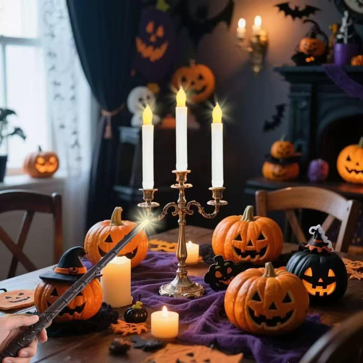 LONGSUOCHUANG 12 Pcs Floating Candles with Wand, Warm Yellow Flameless LED Taper Candles with Remote, Battery Operated Flickering Lights for Halloween Christmas Party Window Decor