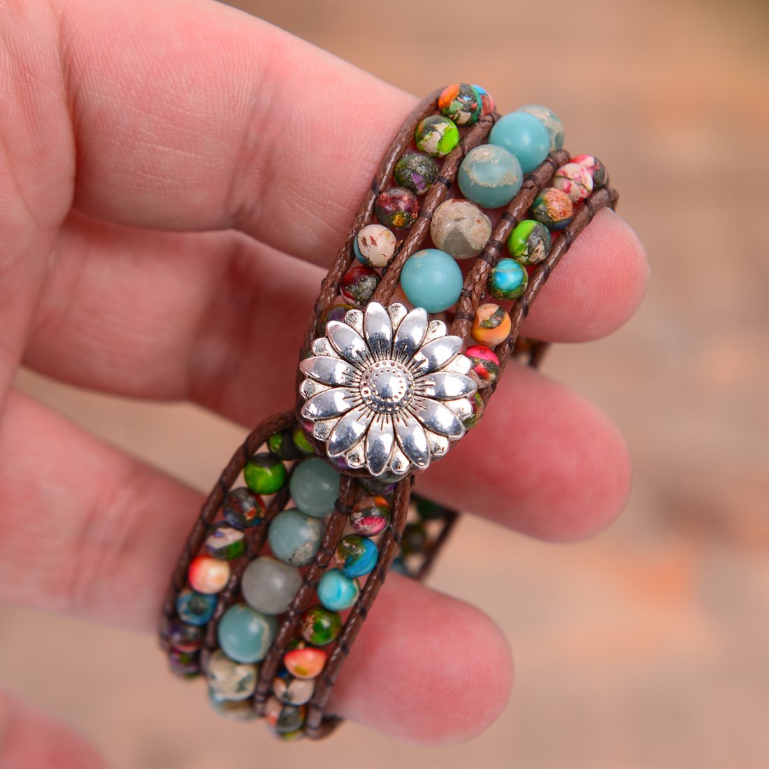 YGLINE Boho Handmade Natural Stone Bead 3 Row Wide Wrap Wrist Statment Bracelet Jewelry Collection (regalite ＆agalmatolite)