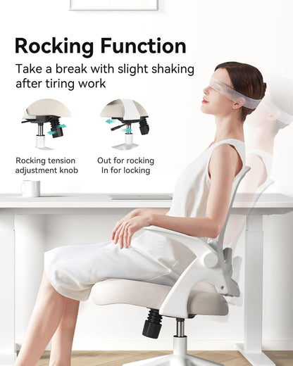 Hbada Office Desk Chair with Flip-Up Armrests and Saddle Cushion, Ergonomic Office Chair with S-Shaped Backrest, Swivel, Mesh, Grey