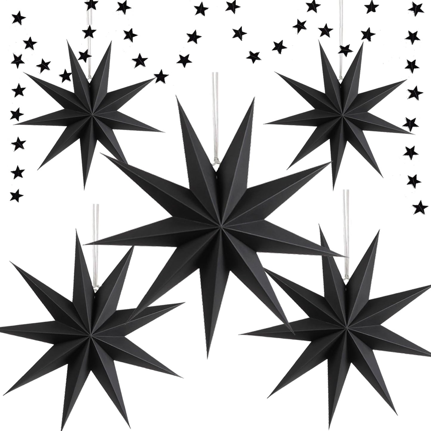 WNSIRVY 5 Pack 9-Pointed Large 3D Paper Star Lanterns with Glitter Star Garland Black Hanging Star Lanterns Lampshade for Halloween Christmas Themed Party Home Wedding Birthday Decorations (Black)
