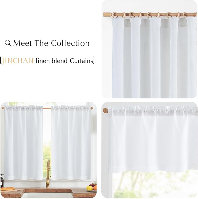 jinchan Linen Textured Tier Curtains 36 Inch for Kitchen Windows Farmhouse Cafe Curtains Small Drapes Rustic Light Filtering Half Window for Living Room Laundry Rod Pocket 2 Panels White