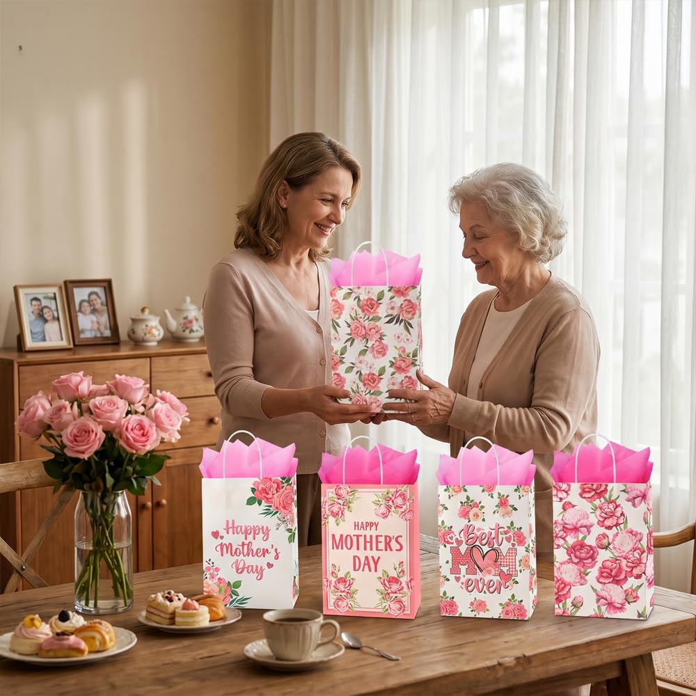CMSSHUAI 20 Pcs Mother's Day Bags with Tissue Paper，Medium Small Mothers Day Bags with Handles Floral Mothers Paper Bags Treat Bags Candy Bags Bulk for Mom Grandma Wife Women