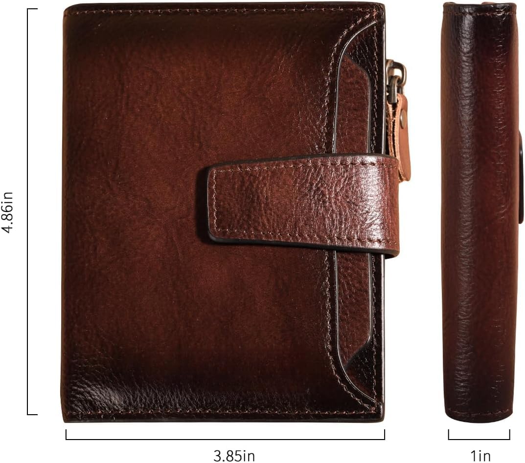 Men's Vintage RFID Blocking Bifold Wallet Genuine Leather with Zipper Coin Pocket Multi-Card Slots & ID Window (Coffee)
