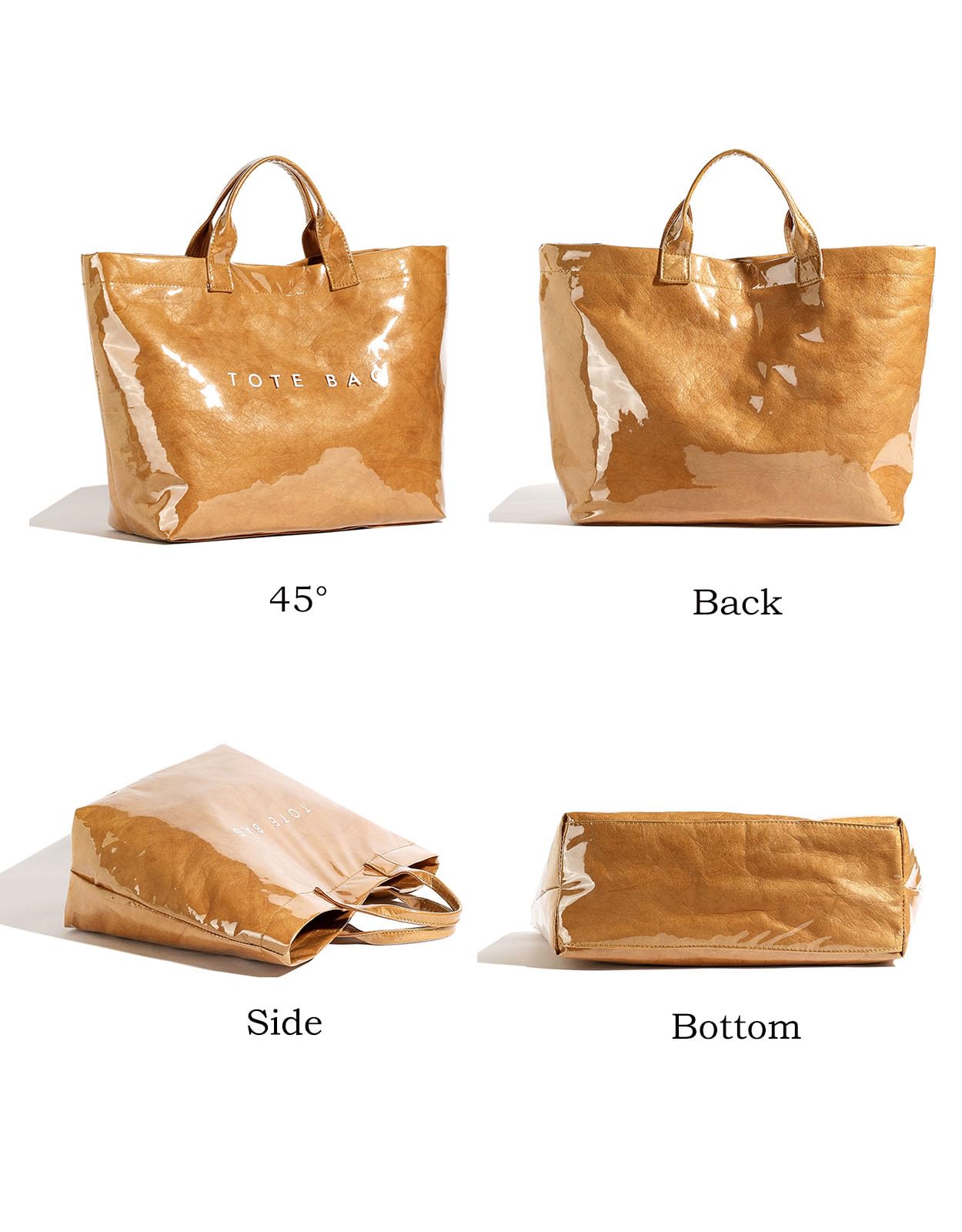 LuxMall PVC Tote Bag for Women Large Tote Purse Kraft Paper The Letters Print Bag Hobo Handbag with Top Handle for Work Travel Shopping Beach, Khaki Brown