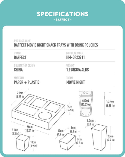 Baffect Movie Night Snack Trays 140pcs, Include Movie Snack Trays, Drink Pouches With Straws, Popcorn Boxes, Salad Bowls, Nacho Bowls & Movie Party Invitations, For 20 Outdoor Movie Night Party Guests
