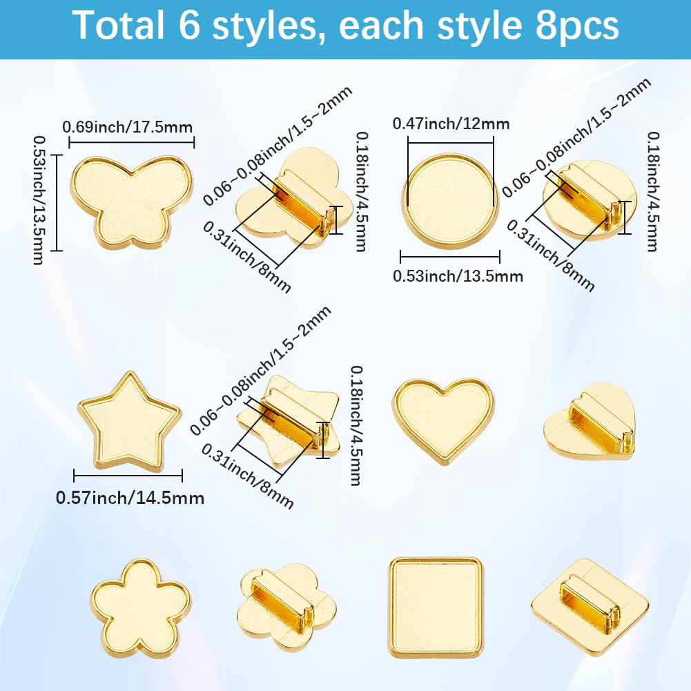 SUNNYCLUE 1 Box 48Pcs 6 Styles Bezel Tray Settings Gold Slider Charm Bulk Round Star Butterfly Heart Blank Trays Metal 8mm Hole Slide Beads for Bracelets Jewelry Making Supplies DIY Crafts Wristbands