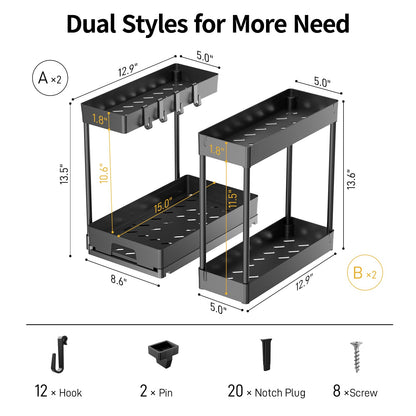 Delamu 2 Pack Under Sink Organizers and Storage, 2 Tier Pull Out Bathroom Cabinet Organizer, L-Shape Black Under Bathroom Kitchen Sink Organizer with Drawer for Under Sink Storage Organizer