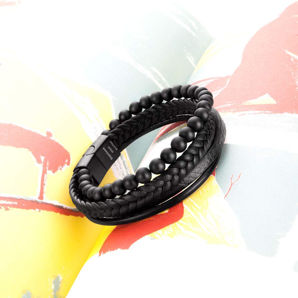 murtoo Mens Bead Leather Bracelet, Natural Bead, Steel and Leather Bracelet for Men Christmas Gift (black onyx bead)