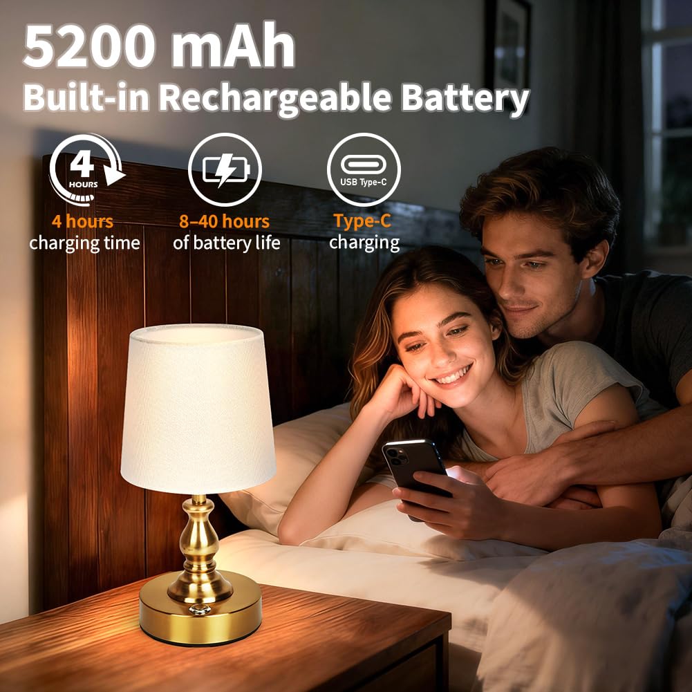 AUAUY Table Lamp for Bedroom, 5200mAh Battery Powered Touch Bedside Lamps, Rechargeable Desk Lamp Cordless, 3 Way Dimmable, Nightstand Lamps with Fabric Shade for Home Living Room Office Study, Gold