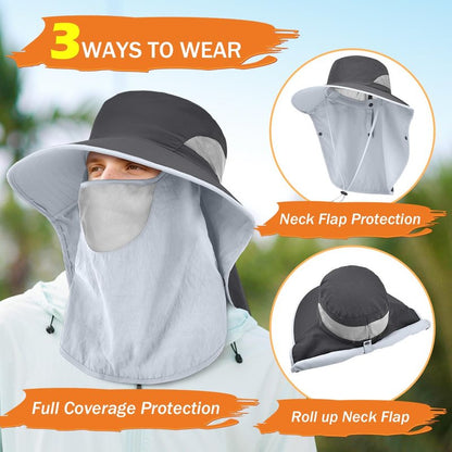 ZEXIAN Men&Women Wide Brim Fishing Ponytail Sun Hat with Removable Face and Neck Flap UPF 50+ UV Protection Safari Cap (US, Alpha, One Size, Dark Grey+Dark Grey)