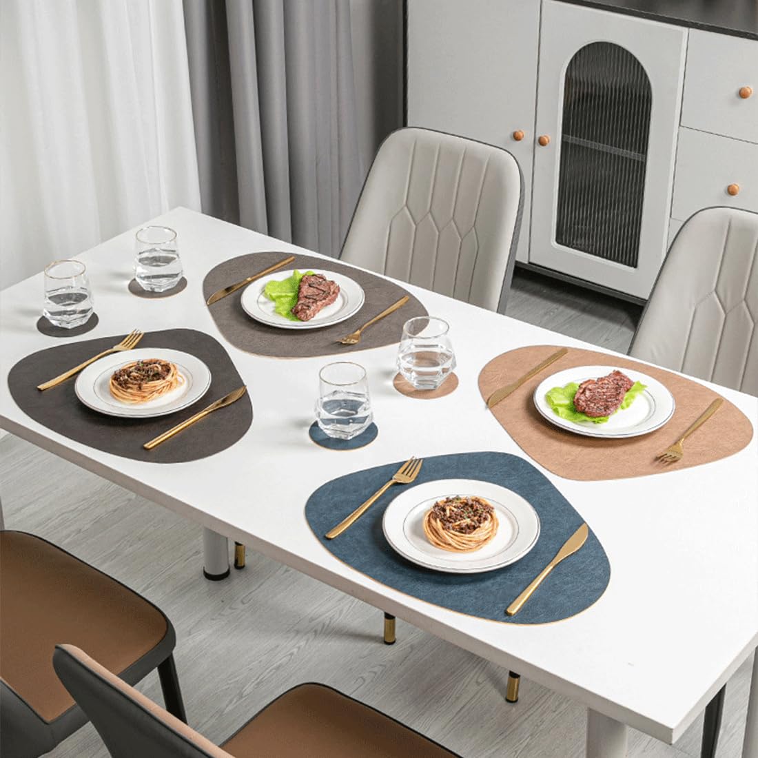 Lussenwert Faux Leather Placemats Set of 6 Waterproof Dual-Sided Placemats Heat Resistant Wipeable Place Mats with Coasters Non-Slip Dining Table Mats for Indoor Outdoor Gray Light Gray