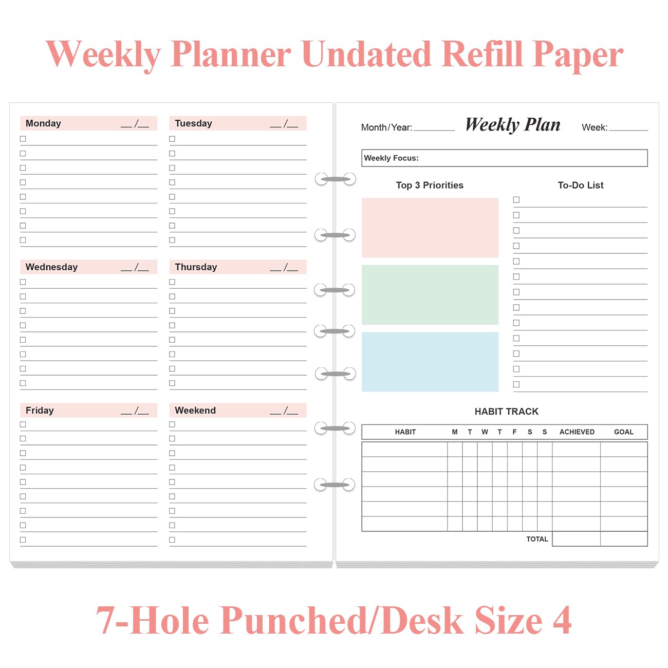 (2-PACK) Weekly Planner Refills for 3 or 7 Ring Mini Binders - 106 Sheets/212 Pages Undated Colorful Weekly Planner, 100 gsm White Paper, Lasts 2 Year, Undated, 5.8" x 8.3"