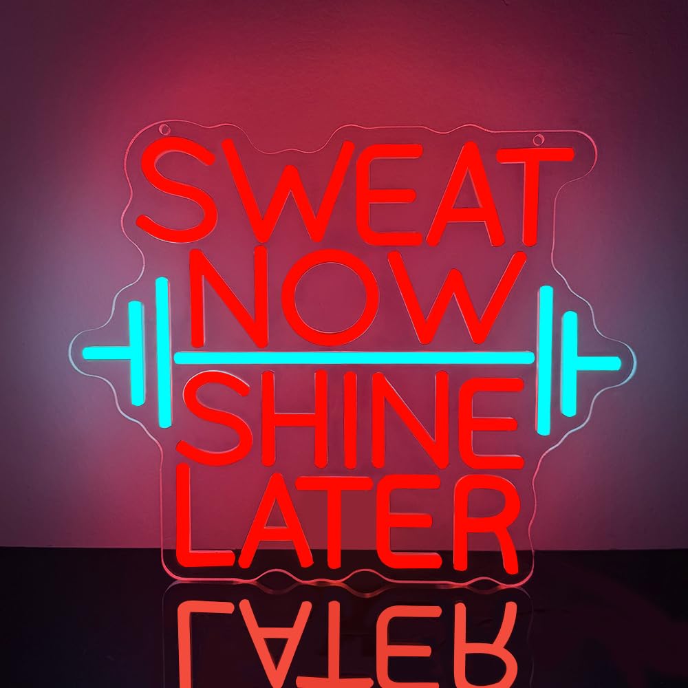RuCvixkt Sweat Now Shine Later Neon Sign, Neon Light for Home Gym Led Weight Lighting Man Cave Decor, Dimmable USB Powered Signs Gift for Boy Girl Sport Lover