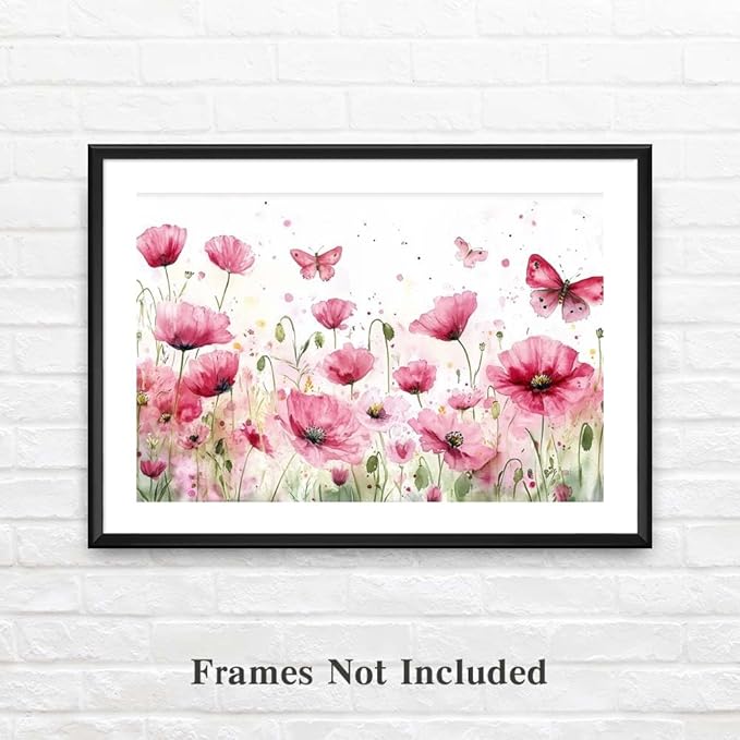 Yesad Poppies Wall Art, Pink Poppy Canvas Wall Art Flower Pictures Floral Poster Prints Farmhouse Wall Décor for Living Room Bedroom Home Decorations (Unframed,12”x8”, Poppy3)