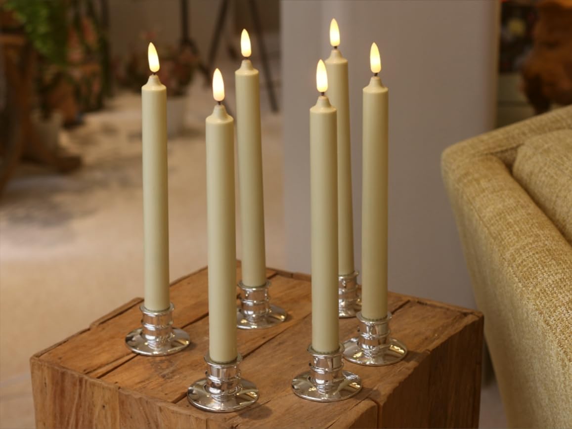 Set of 6 Flameless Ivory Wax Windows Candles with 12 AA Batteries(Include, Run More Than 400 Hours) and 6 Sliver Candlesticks.10 Inch, Flickering Battery Operated LED Candle Lights, Remote/Timer