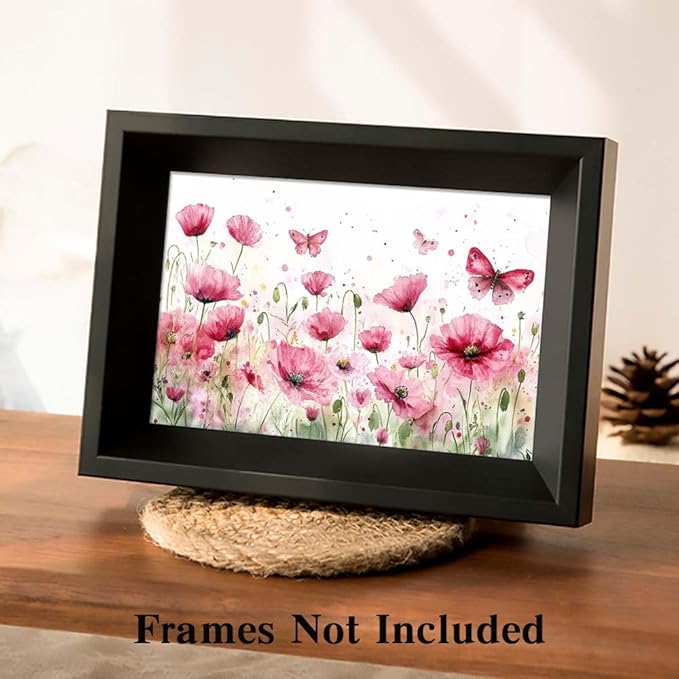 Yesad Poppies Wall Art, Pink Poppy Canvas Wall Art Flower Pictures Floral Poster Prints Farmhouse Wall Décor for Living Room Bedroom Home Decorations (Unframed,12”x8”, Poppy3)