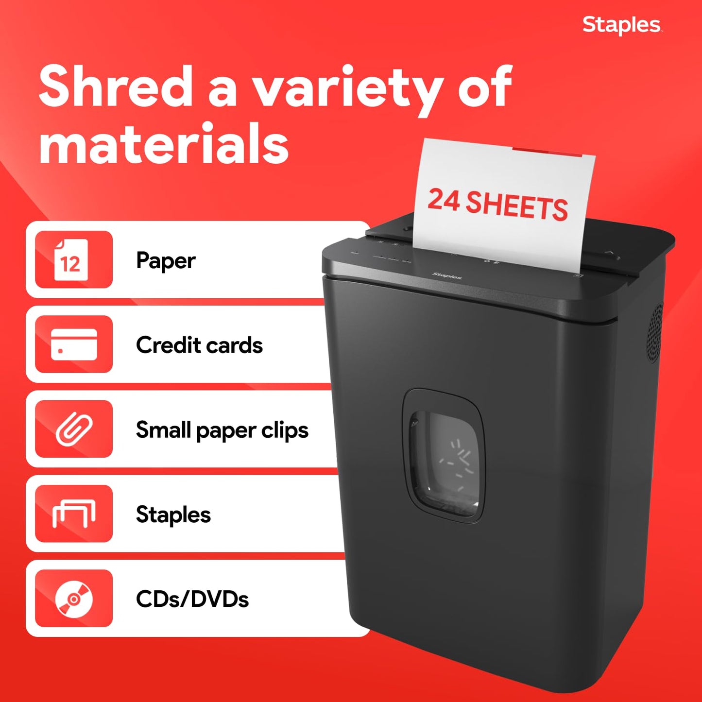 Staples 24-Sheet Cross-Cut Paper Shredder, High-Capacity Office Shredder, Shreds Paper/Credit Cards/CDs, 7.4 Gallon, Black