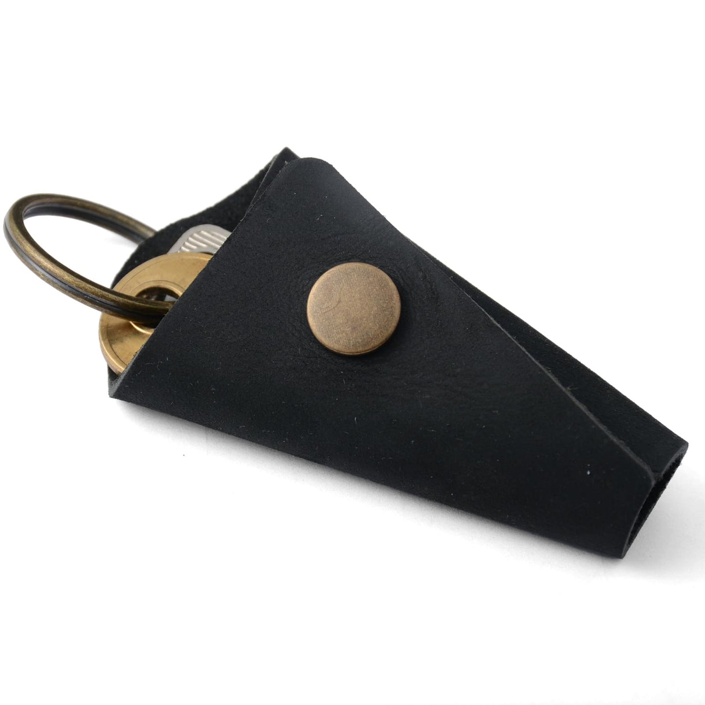 2-Pack Handmade Crazy Horse Leather Wrap Keychain with Snap Closure, Key Ring Cover and Silencer Sleeve - Men's Key Organizer (Light Brown/Black)