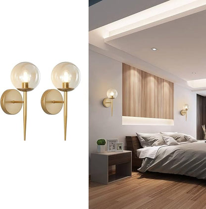 BOKT Vintage Brushed Gold Bathroom Wall Sconce Set of Two Mid Century Modern Globe Vanity Wall Sconce Lighting Set of 2 Bedroom Bar Wall Lamp Amber Glass Wall Lights (Amber)