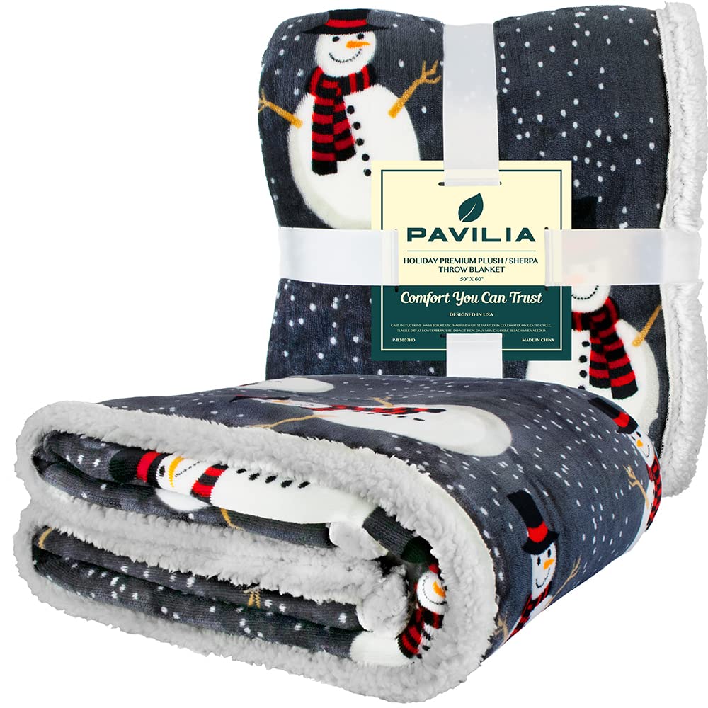PAVILIA Premium Christmas Sherpa Throw Blanket, 50x60, Grey Snowman Cozy Fleece Holiday Blanket, Reversible Plush Winter Throw for Couch & Bed, Ultra Soft Warm