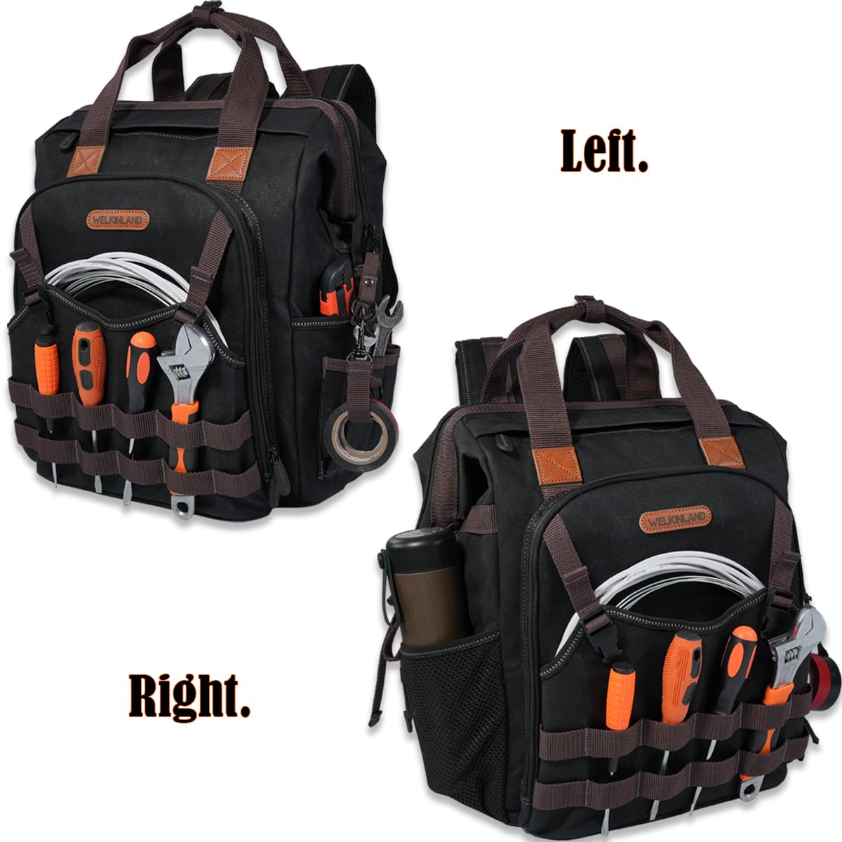 WELKINLAND 88-Pockets Waxed- Canvas HAVC Tool Backpack,Heavy-Duty electrician tools backpack,Open-Top technician tool bag backpackTool back pack for construction