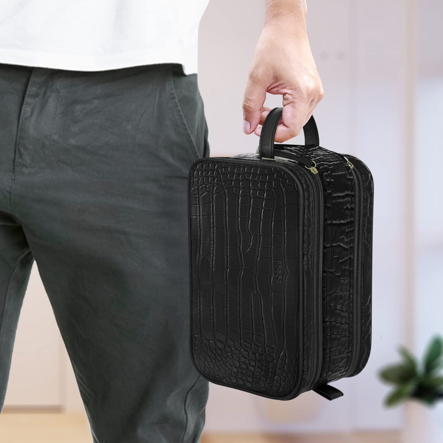 Dot&Dot Leather Toiletry Bag for Men Women - Spacious Womens Mens Toiletry Travel Toiletries Bags (Black Croc)