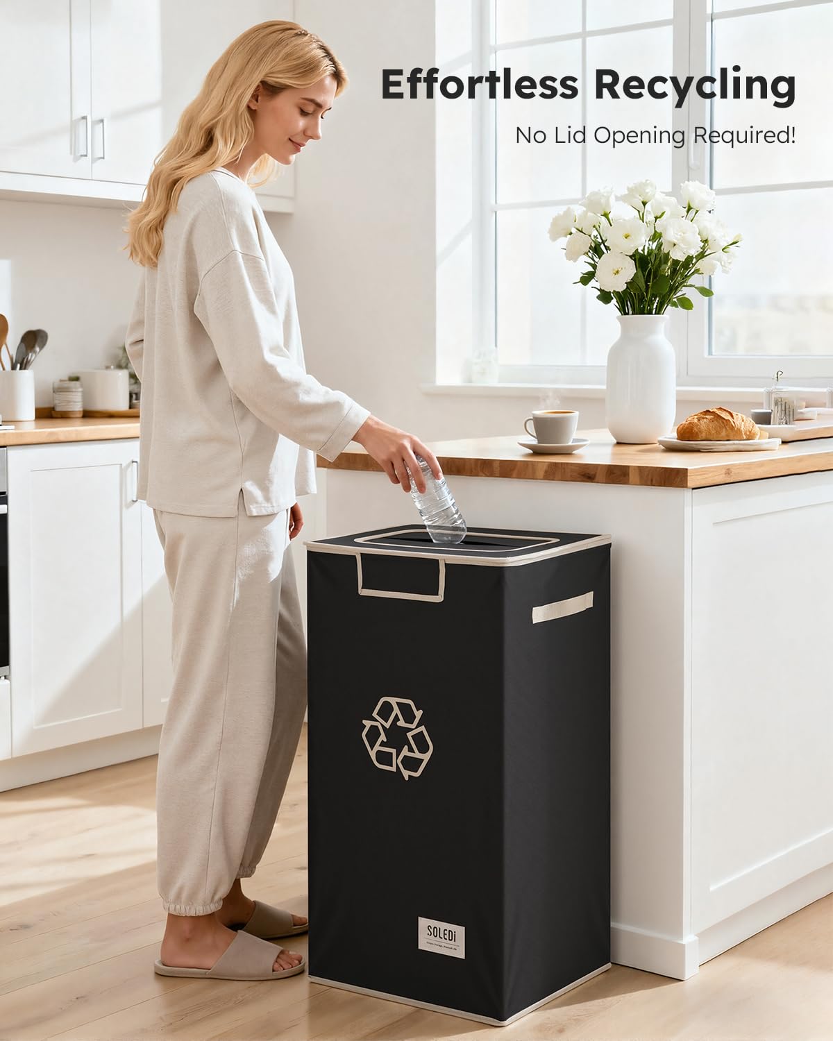 SOLEDI Recycle Bins for Kitchen,26 Gallon Recycling Bin with Lid and 2 Removeable Reusable Inner Bags,Indoor Recycling Trash Can for Collector of Bottles Cans, and Plastic,Black
