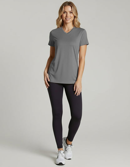 Real Essentials 5 Pack: Women's Short Sleeve Breeze Tech V-Neck T Shirt –Workout Top Wicking Dry Fit Athletic Tee (Plus)