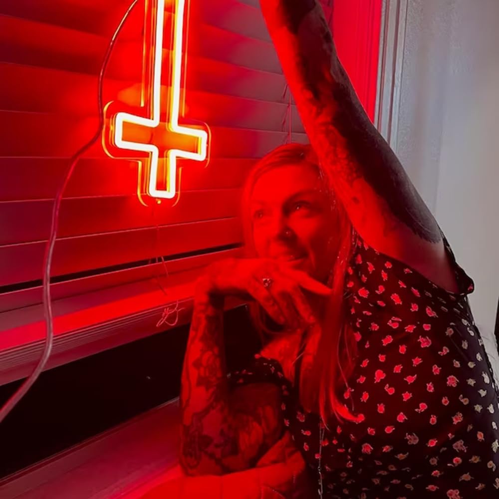 Jesus Cross Neon Sign Red Led Cross Lights Wall Decor Art Lamp Light-Upside Down Light Up Sign for Home Bedroom Christian Religious Room Easter Christmas