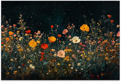 Yesad Wildflowers Field Landscape Wall Art, Floral Canvas Wall Art Wildflowers at Night Flower Prints Painting Rustic Wall Décor for Living Room Bedroom Farmhouse (Unframed,36”x24”,Wildflower1)