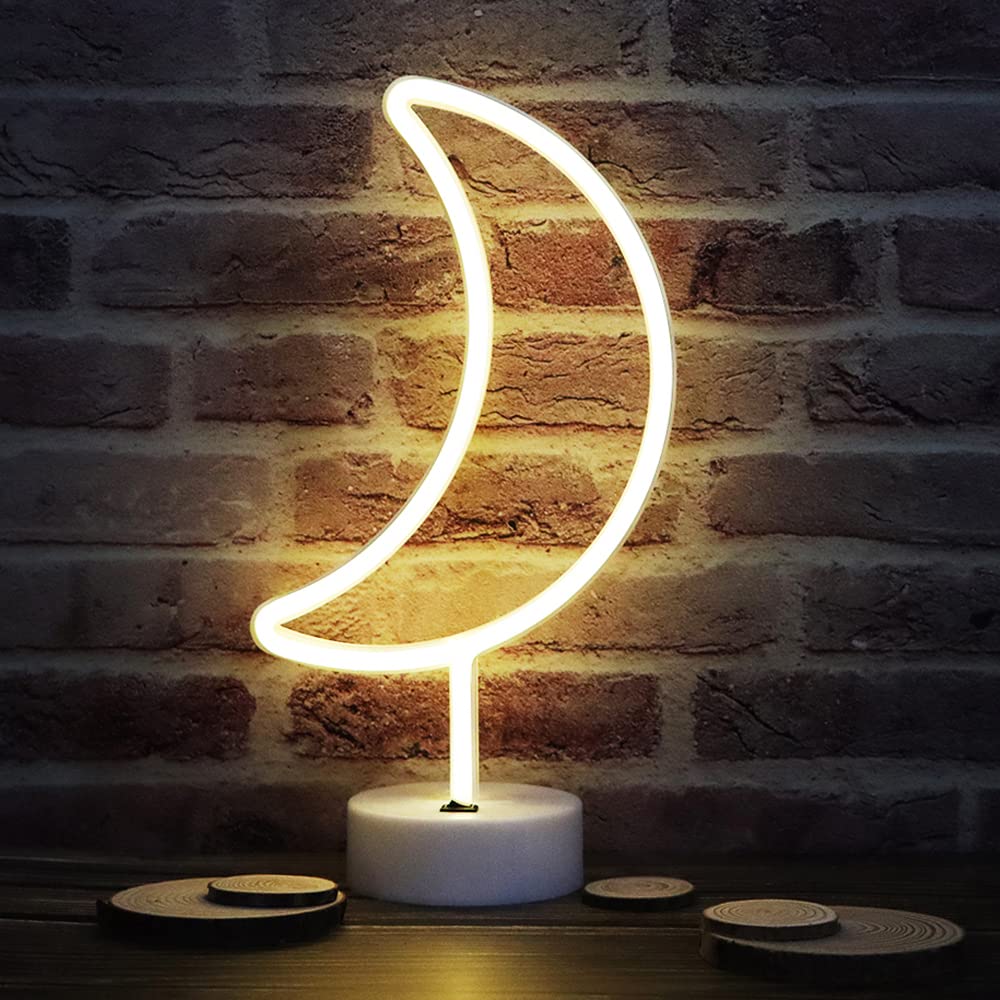 Vicila LED Moon Neon Signs, Crescent Night Lights Ramadan Decor USB Battery Operated Moon Lamp for Birthday Party, Wedding, Halloween, Christmas Decorations-Holder Base(Warm White)