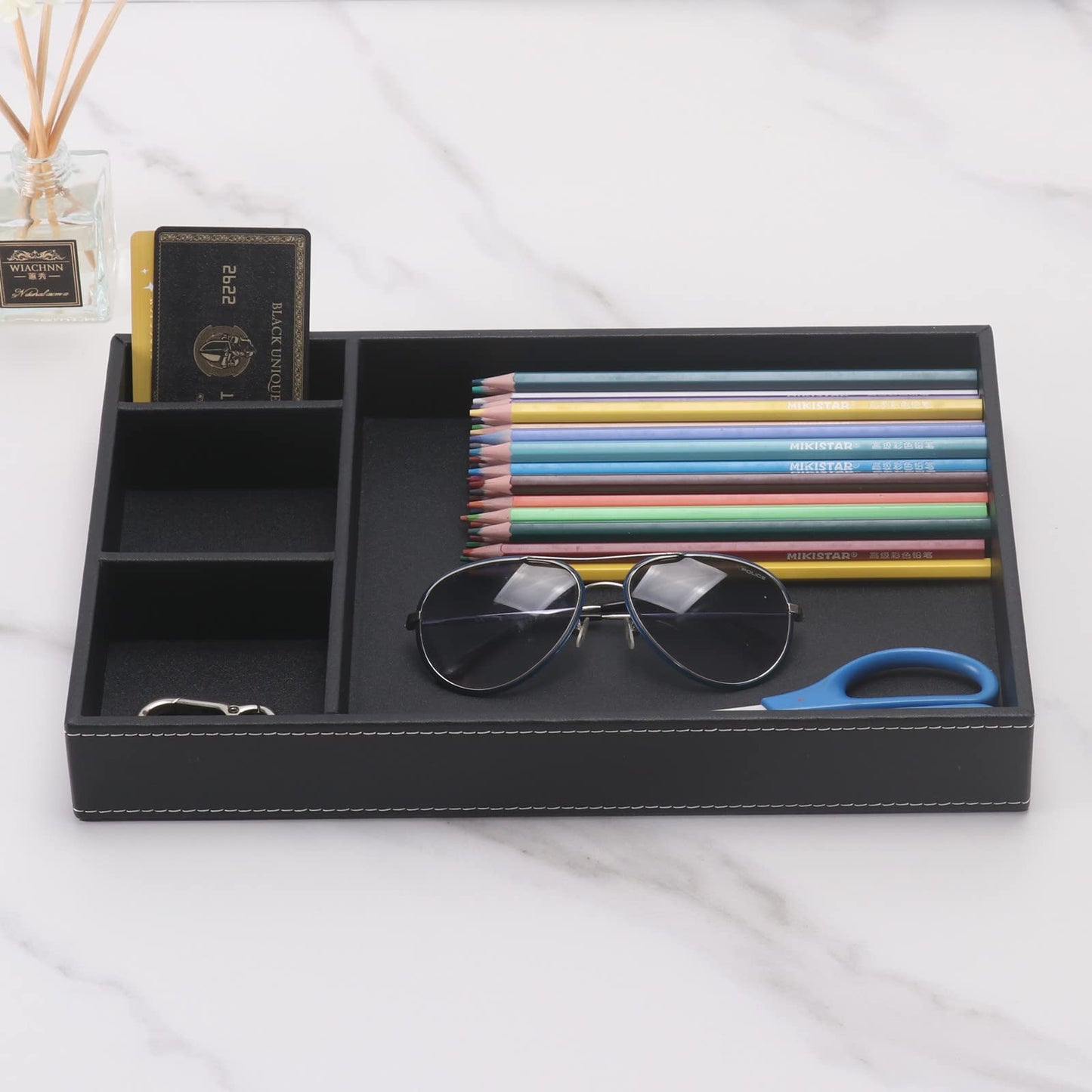SYRWDXTX Guestroom Decoration Tray, Nightstand or Dresser Organizer, Valet Tray, 4 Compartment PU Leather Drawer Storage Organizer