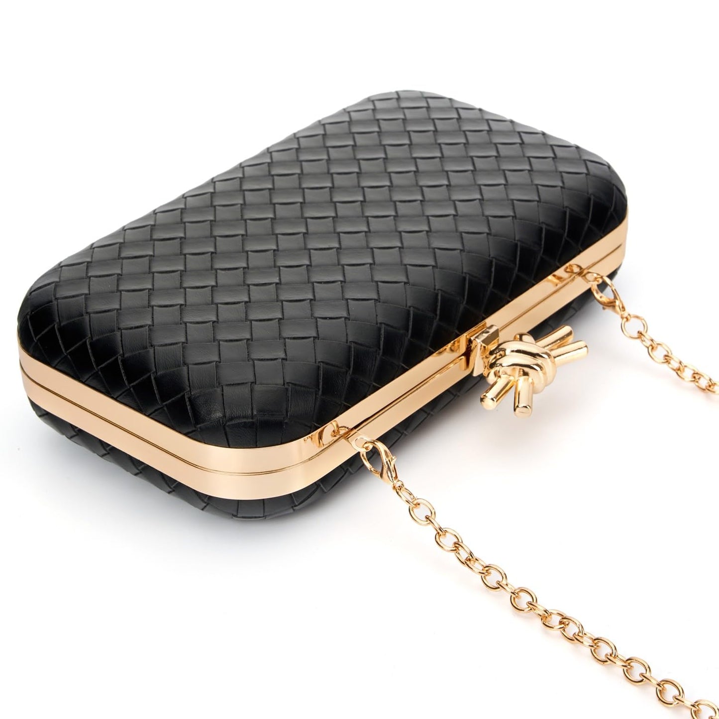 Gurina Elegant Woven PU Leather Clutch Purse for Women - Formal Evening Bags with Detachable Chain, for Weddings & Cocktail Parties (ZOOI Black)